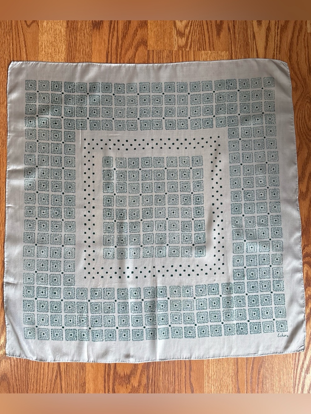 Echo 100% Silk Gray Square Teal Geometric Accents Vintage Print Preppy Scarf